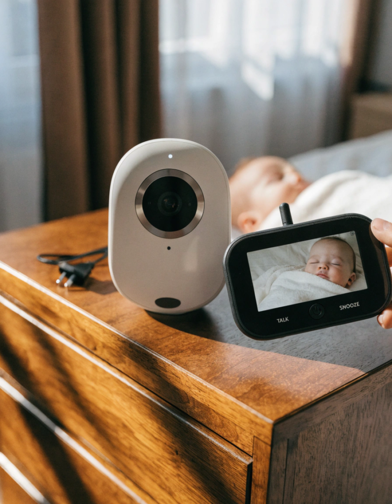 HelloBaby video baby monitor with camera and handheld display showing a sleeping baby.